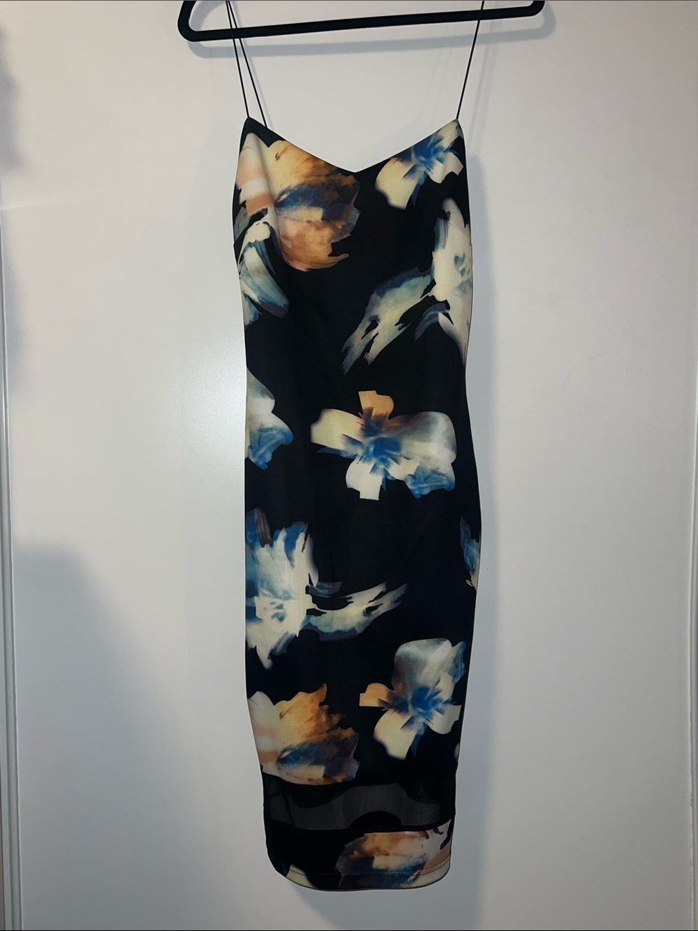 Floral Slip Midi Dress in Black with Blue and Cream Accents